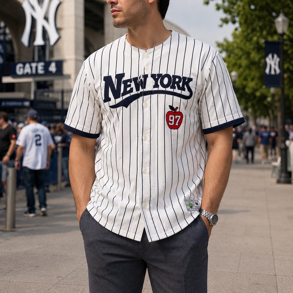 Only NY Mens Baseball Jersey White Pinstripe New York 97 Apple Graphic Size M
